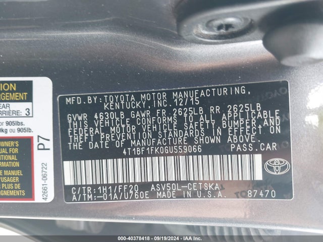 Toyota CAMRY SE 2016 4T1BF1FK0GU559066 Image 9