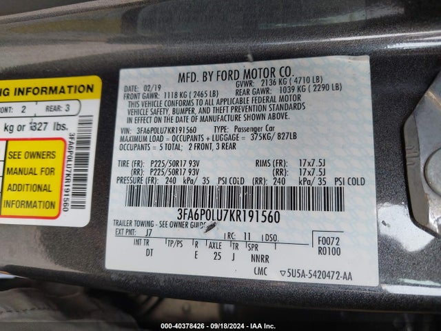 3FA6P0LU7KR191560 Ford Fusion Hybrid Se