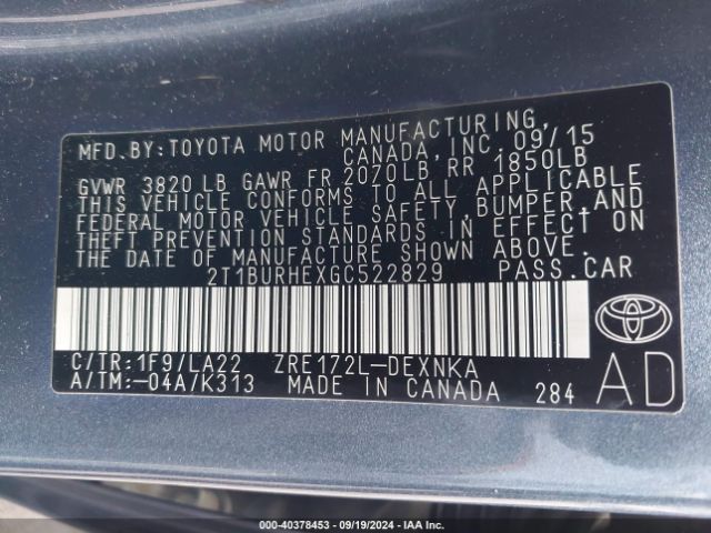 2T1BURHEXGC522829 Toyota Corolla Le Premium