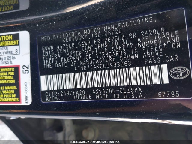 Toyota CAMRY SE 2020 4T1G11AK0LU993963 Image 9