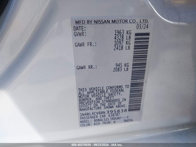 Nissan Altima Sr Fwd 2024 1N4BL4CV6RN395838 Image 9