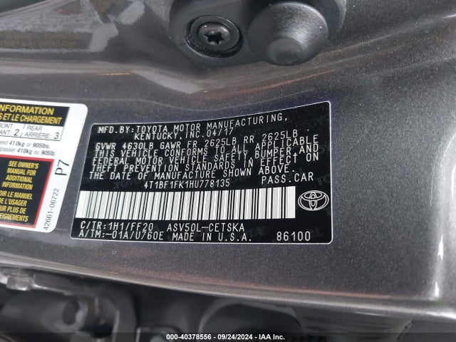 Toyota CAMRY SE 2017 4T1BF1FK1HU778135 Image 9