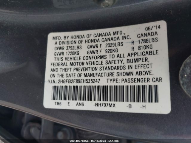 2HGFB2F89EH535247 Honda CIVIC EX