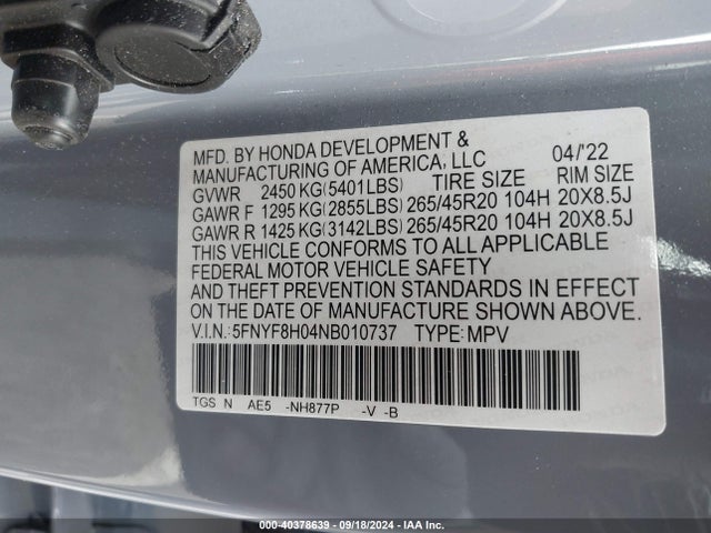 Honda Passport Awd Elite 2022 5FNYF8H04NB010737 Image 9