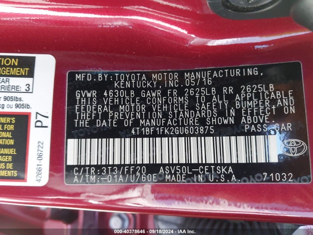 Toyota CAMRY SE 2016 4T1BF1FK2GU603875 Image 9
