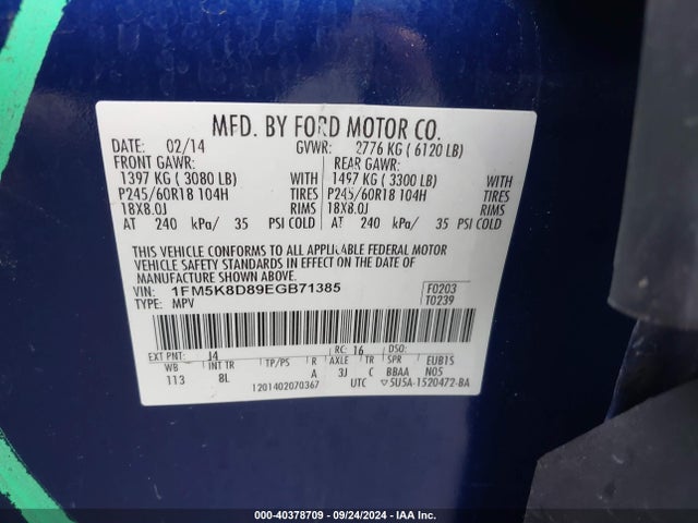 Ford EXPLORER XLT 2014 1FM5K8D89EGB71385 Image 9
