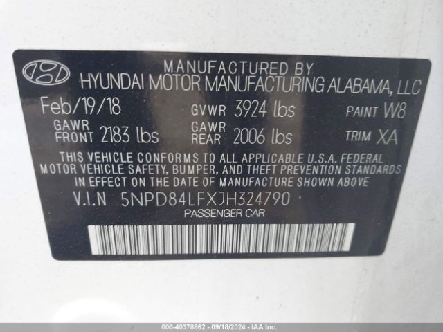 5NPD84LFXJH324790 Hyundai ELANTRA SEL