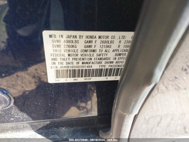 40378946 :رقم المزاد ، JH4KB16556C001484 vin ، 2006 Acura Rl 3.5 مزاد بيع