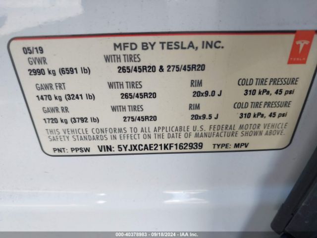 5YJXCAE21KF162939 Tesla Model X 100d/75d/long Range