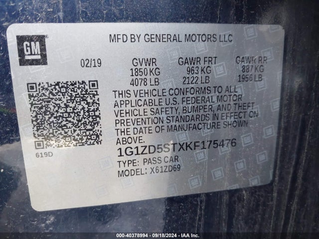 Chevrolet MALIBU LT 2019 1G1ZD5STXKF175476 Image 9