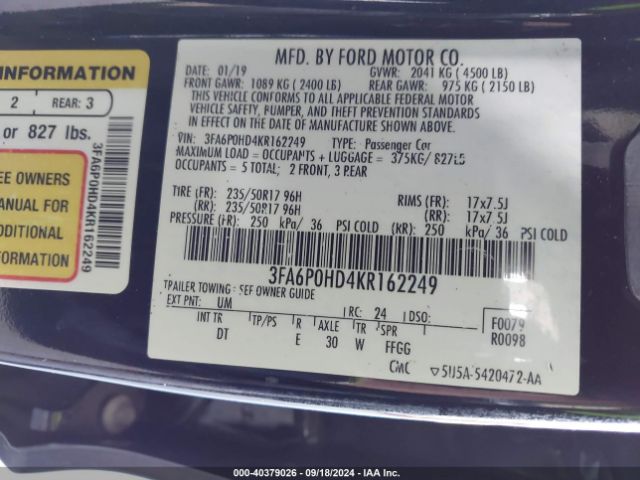 3FA6P0HD4KR162249 Ford FUSION SE