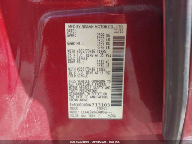 1N6DD0ER0HN713103 Nissan Frontier Sv