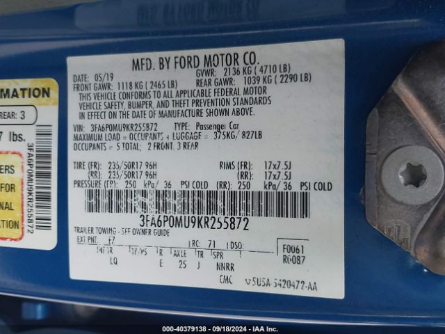 3FA6P0MU9KR255872 Ford Fusion Hybrid Sel