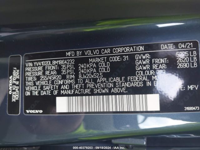YV4102DL8M1864232 Volvo Xc60 T5 Inscription