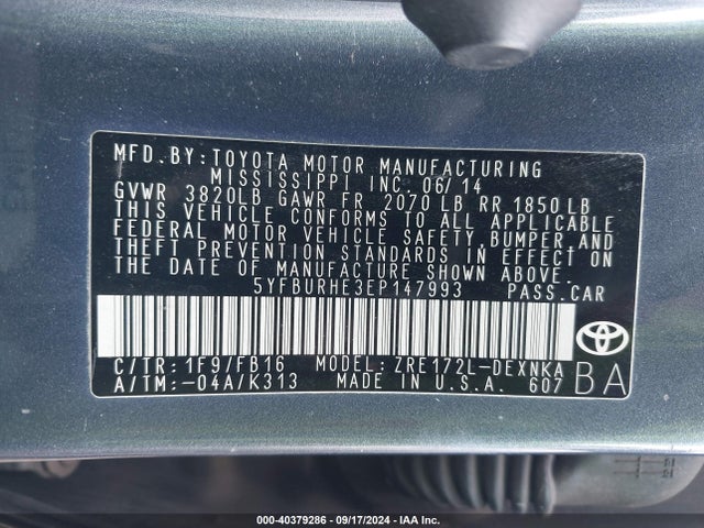 Toyota COROLLA LE 2014 5YFBURHE3EP147993 Image 9