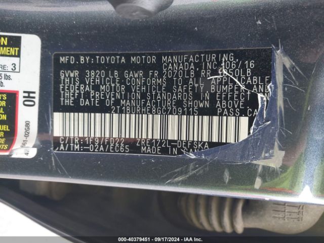 2T1BURHE8GC709115 Toyota Corolla S Plus