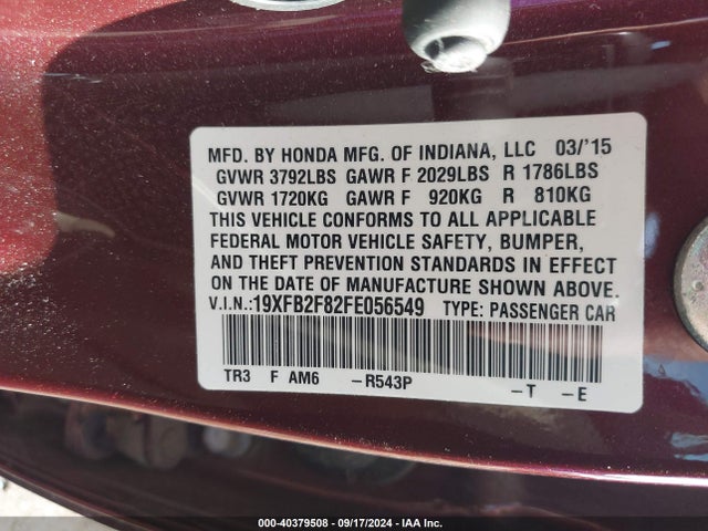 Honda CIVIC EX 2015 19XFB2F82FE056549 Image 9