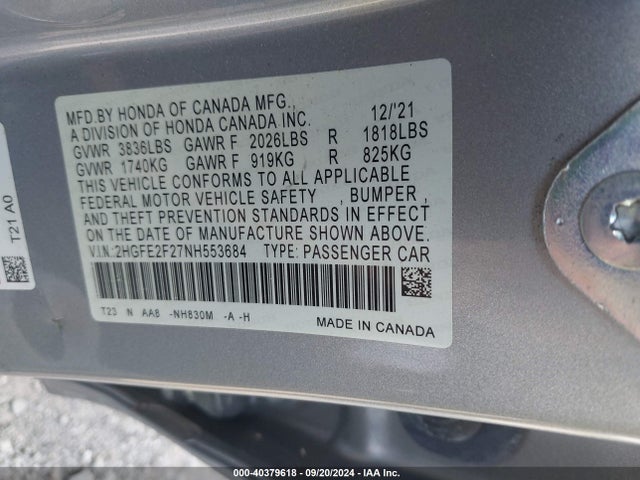 Honda Civic Lx 2022 2HGFE2F27NH553684 Image 9