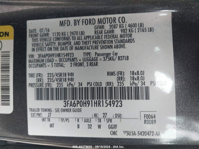 Ford FUSION SE 2017 3FA6P0H91HR154923 Image 9