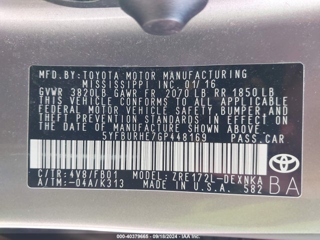 Toyota COROLLA LE 2016 5YFBURHE7GP448169 Image 9