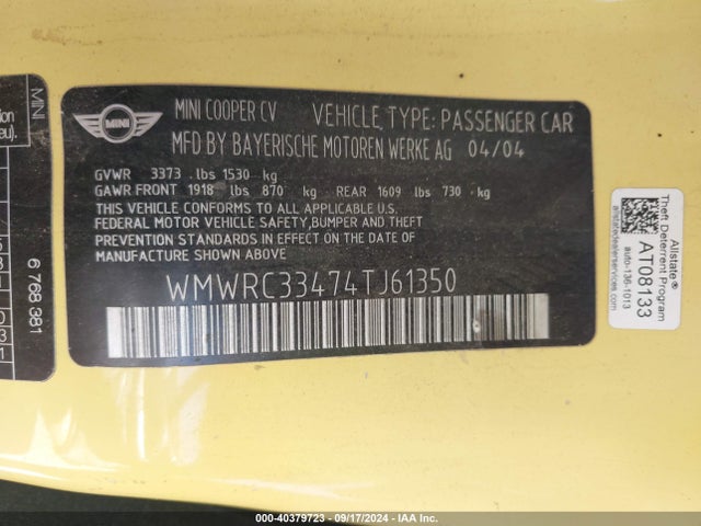 2004 MINI COOPER WMWRC33474TJ61350 Photo 8
