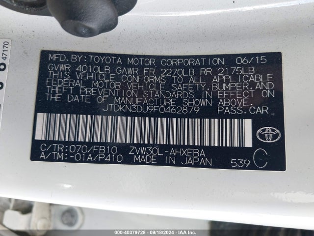 Toyota Prius Two 2015 JTDKN3DU9F0462879 Image 9