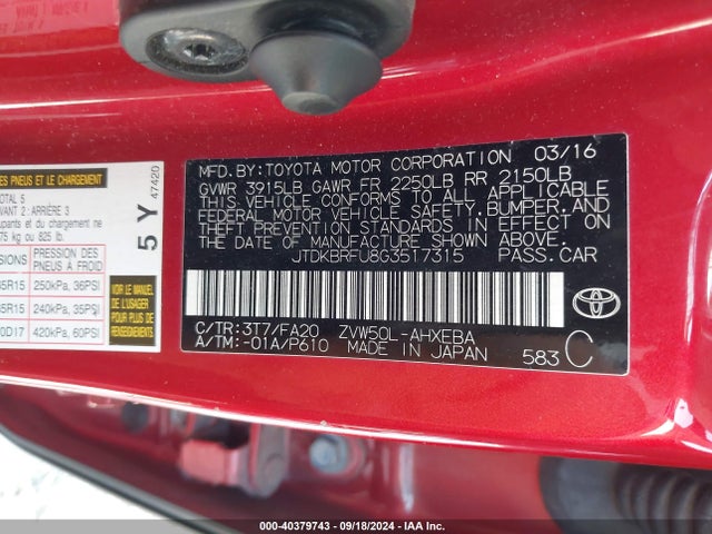 Toyota Prius Two 2016 JTDKBRFU8G3517315 Image 9