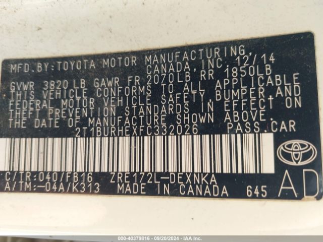 2T1BURHEXFC332026 Toyota COROLLA LE