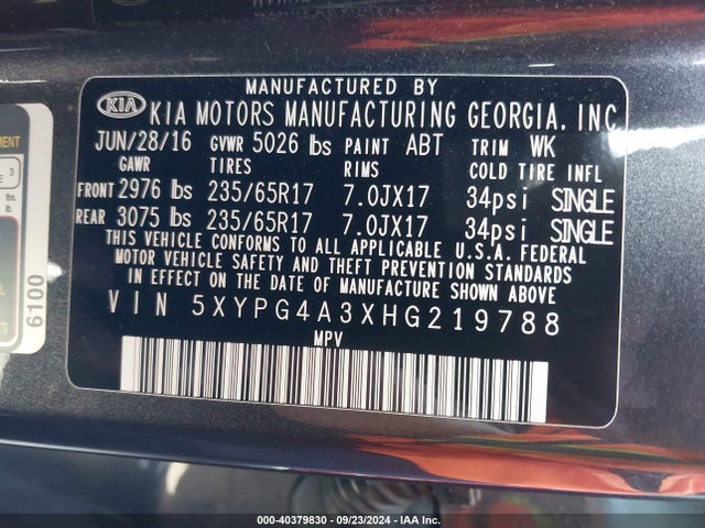 KIA Sorento 2.4l Lx 2017 5XYPG4A3XHG219788 Image 9
