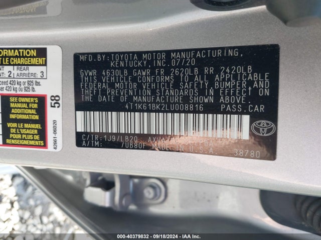 Toyota Camry Xse Awd 2020 4T1K61BK2LU008816 Image 9