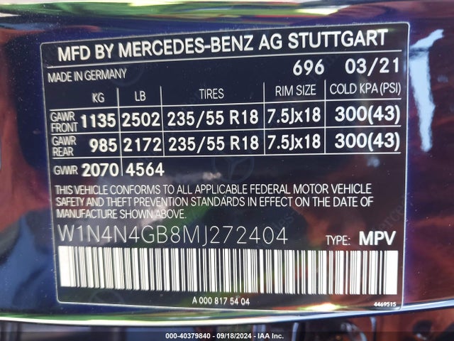 W1N4N4GB8MJ272404 Mercedes-Benz GLA 250