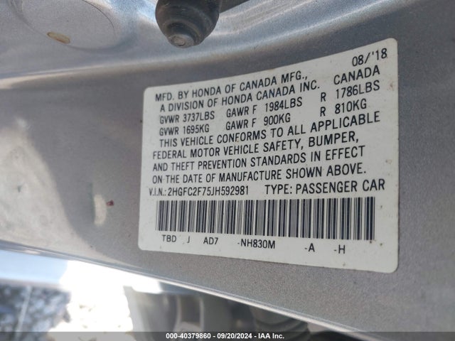 Honda CIVIC EX 2018 2HGFC2F75JH592981 Image 9