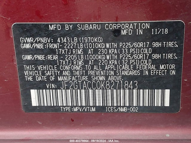 JF2GTACC0K8271843 Subaru Crosstrek 2.0i Premium