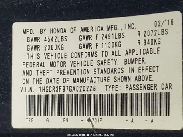 1HGCR3F97GA020228 Honda Accord Touring