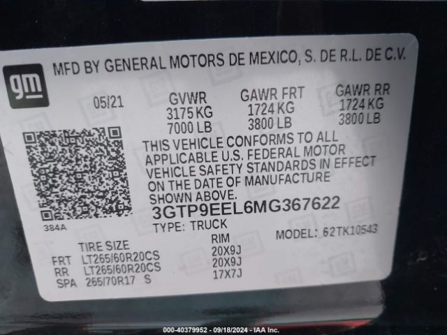 3GTP9EEL6MG367622 GMC Sierra 1500 4wd  Short Box At4
