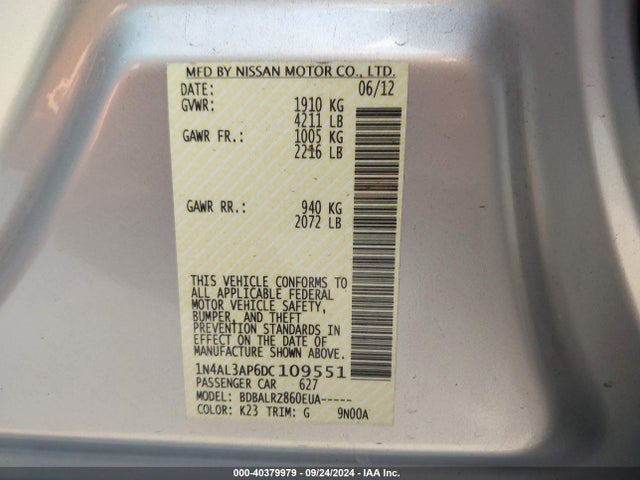 Продаж на аукціоні авто 2013 Nissan Altima 2.5 S, vin: 1N4AL3AP6DC109551, номер лоту: 40379979