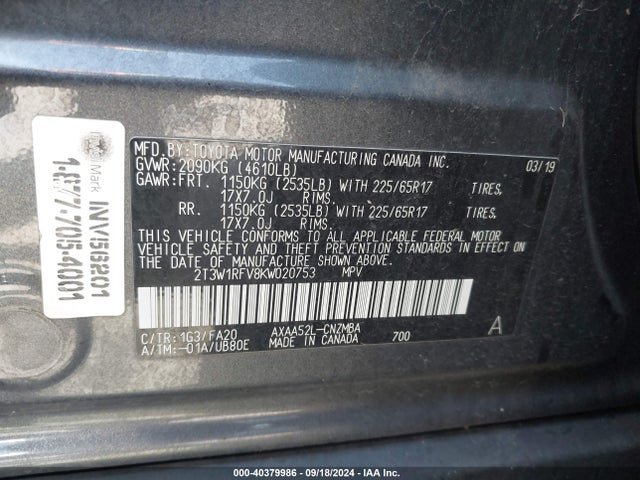 Toyota Rav4 Xle 2019 2T3W1RFV8KW020753 Image 9