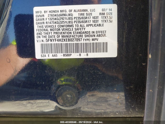 5FNYF4H2XEB027097 Honda PILOT LX