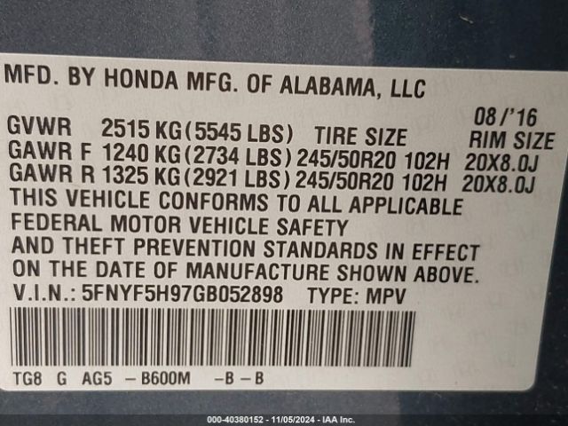 5FNYF5H97GB052898 Honda Pilot Touring