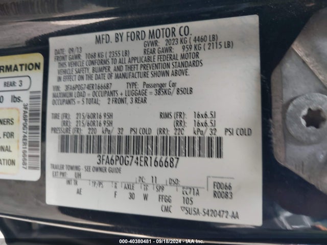 Ford FUSION S 2014 3FA6P0G74ER166687 Image 9