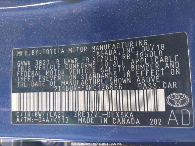 2T1BURHEXKC126666 Toyota Corolla Xse