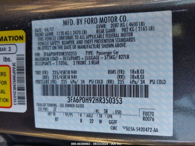 3FA6P0H92HR350353 Ford FUSION SE