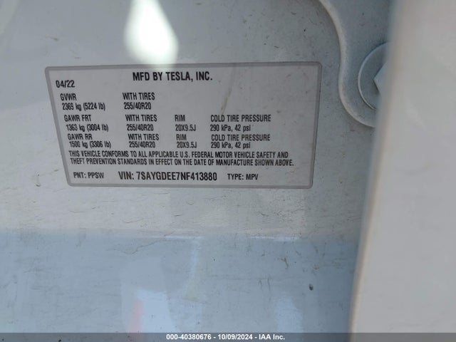 2022 TESLA MODEL Y 7SAYGDEE7NF413880 Photo 8