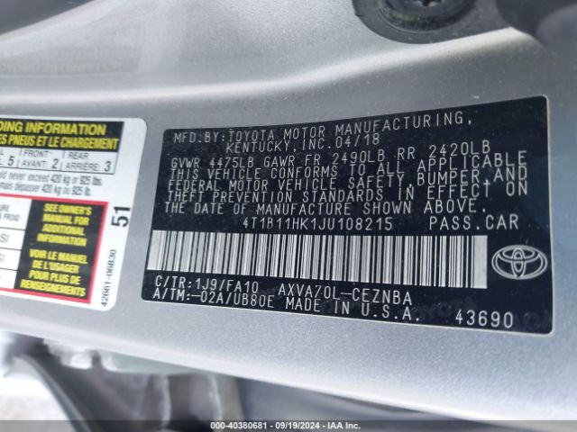 4T1B11HK1JU108215 Toyota CAMRY LE