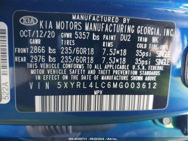 5XYRL4LC6MG003612 KIA SORENTO S