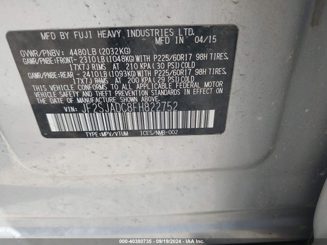 Subaru Forester 2.5i Premium 2015 JF2SJADC8FH822752 Image 9