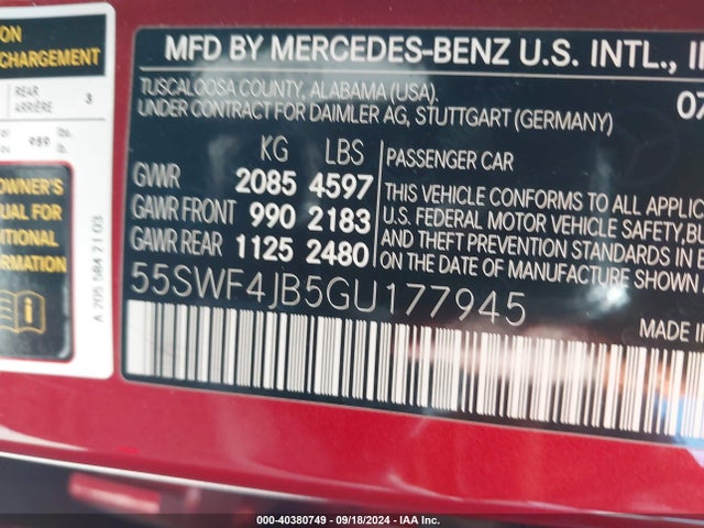 55SWF4JB5GU177945 Mercedes-Benz C 300