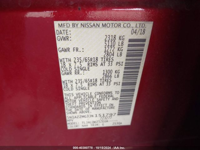 5N1AZ2MG3JN151797 Nissan MURANO SV