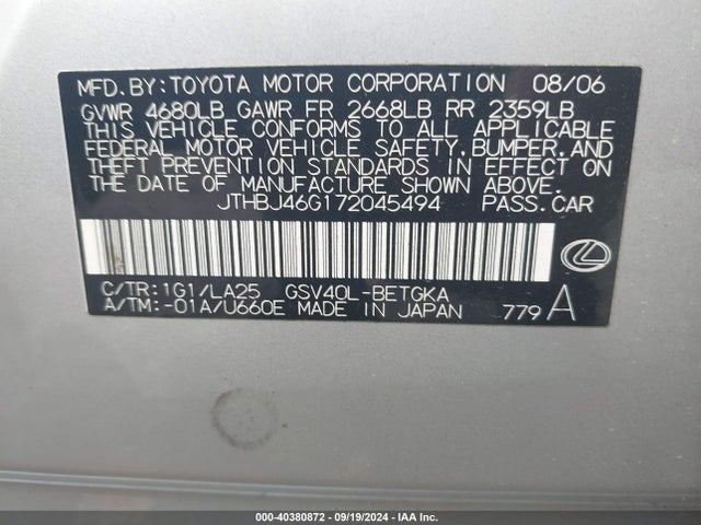Продажа на аукционе авто 2007 Lexus Es 350, vin: JTHBJ46G172045494, номер лота: 40380872