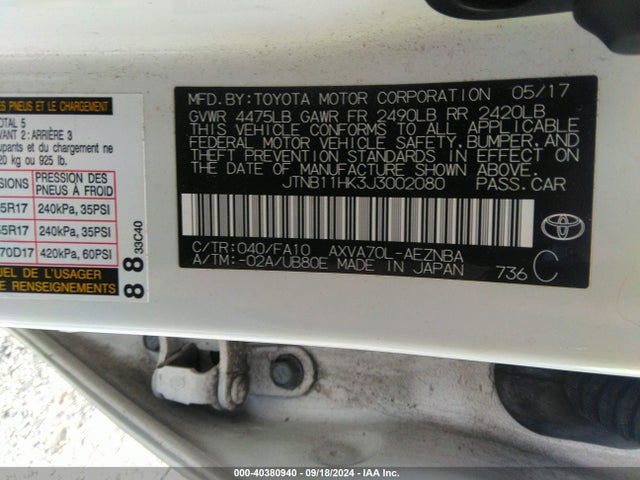 JTNB11HK3J3002080 Toyota CAMRY LE